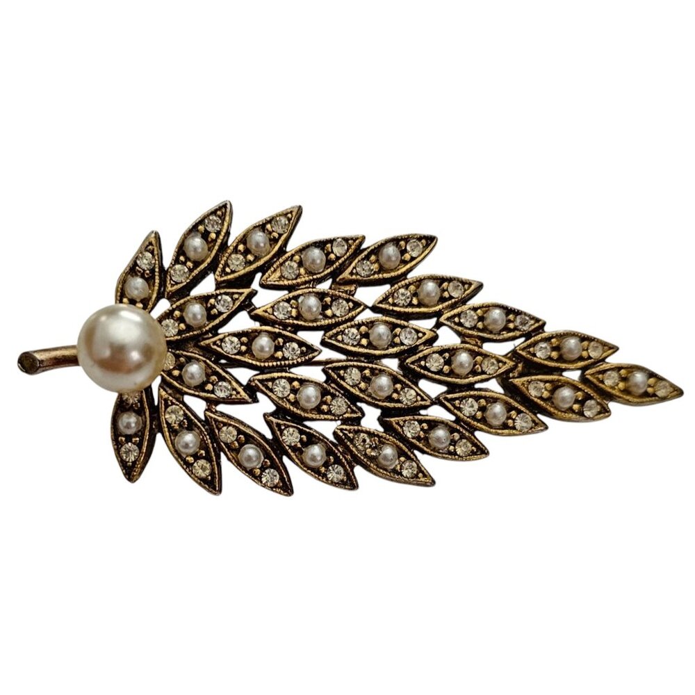 HAR Gold Tone Leaf Brooch, Faux Pearl Clear Rhinestone Pin, Signed L872